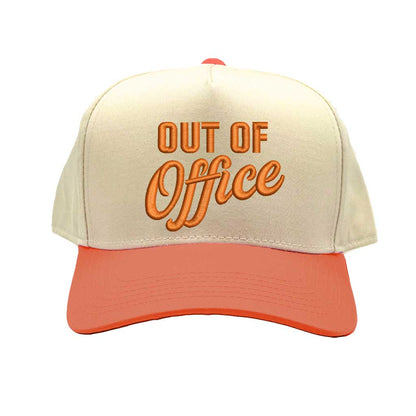 Natural Orange Two-tone Out of Office embroidered dad hat with white front panel and beige brim, featuring bold black text and adjustable strap. – DSY Lifestyle.