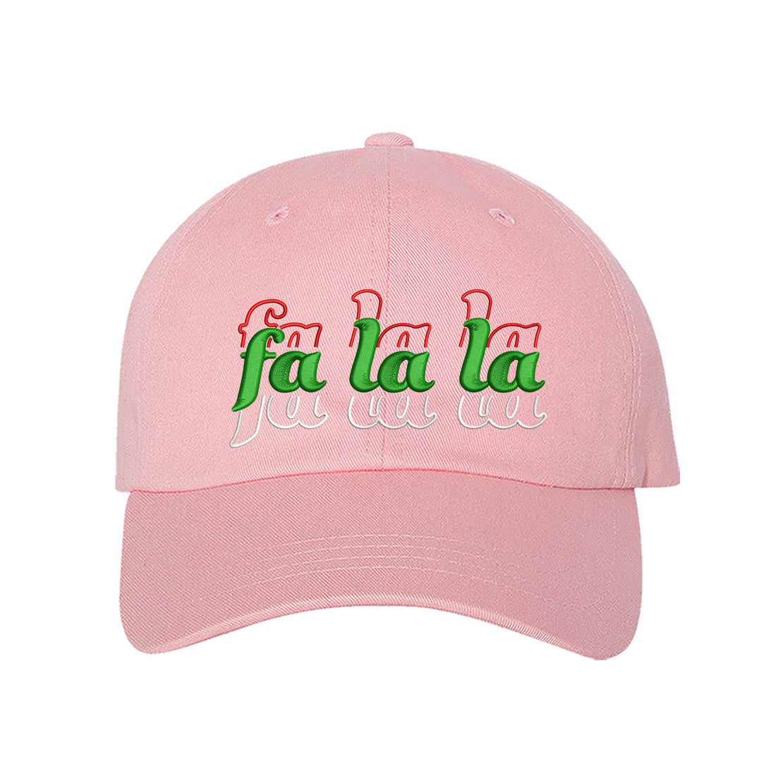 Light Pink Fa La La Christmas Stacked Embroidered Baseball Hat with festive embroidery and adjustable fit, perfect for holiday style and Christmas cheer – DSY Lifestyle.