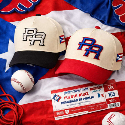 Two baseball caps with embroidered PR 3D initials  and on the side an embroidered Puerto Rico Flag DSY Lifestyle