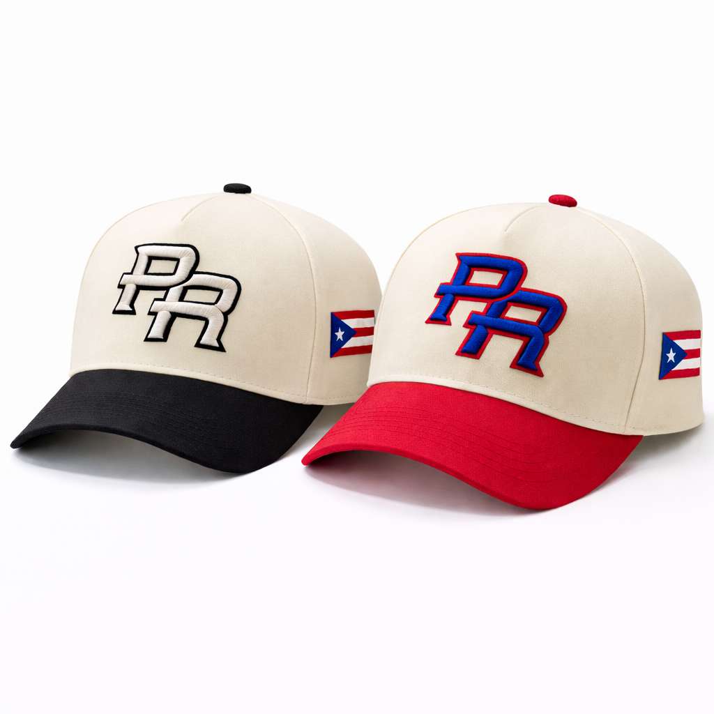 Two baseball caps with embroidered PR 3D initials  and on the side an embroidered Puerto Rico Flag DSY Lifestyle