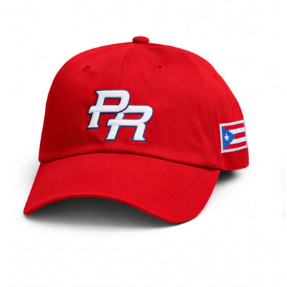 Red cap with PR  3D embroidery and Puerto Rican flag on the side embroidered by DSY Lifestyle