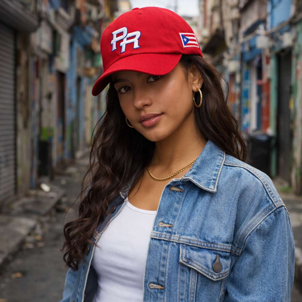 Woman wearing a red cap embroidered with Puerto Rico initials PR and a Puerto Rico flag on the side, denim jacket, and white top in an urban setting.
