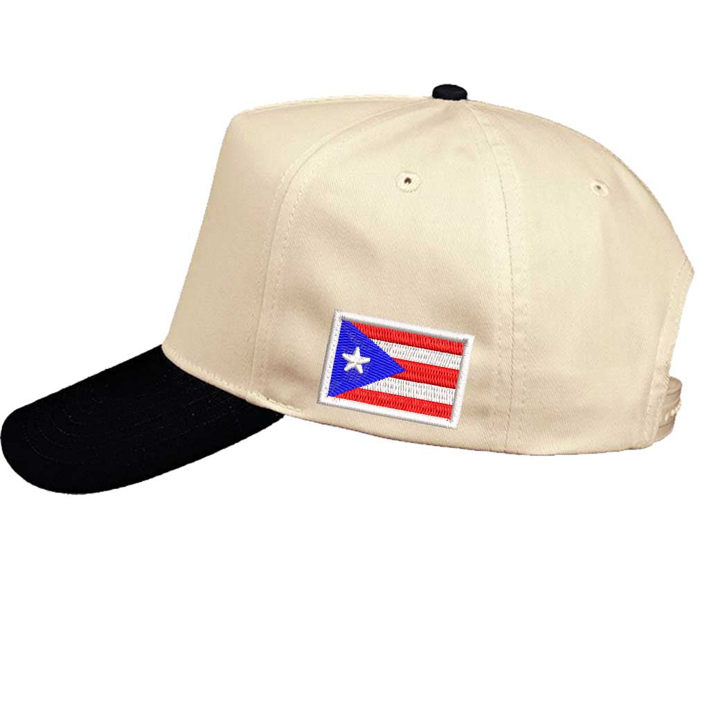 Natural Black Side view of puerto ricothe premium 3D raised embroidery showing the textured upside-down PR initials on a contrast-colored cap. - DSY Lifestyle  flag 