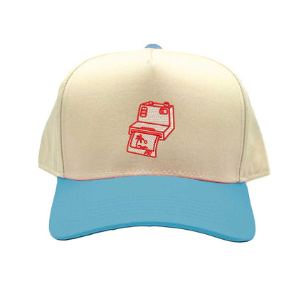 Natural Aqua DTMF Camera Puerto Rico 5 Panel Spring Baseball Hat – A sleek, embroidered cap with a retro camera design, inspired by Puerto Rican culture – DSY Lifestyle