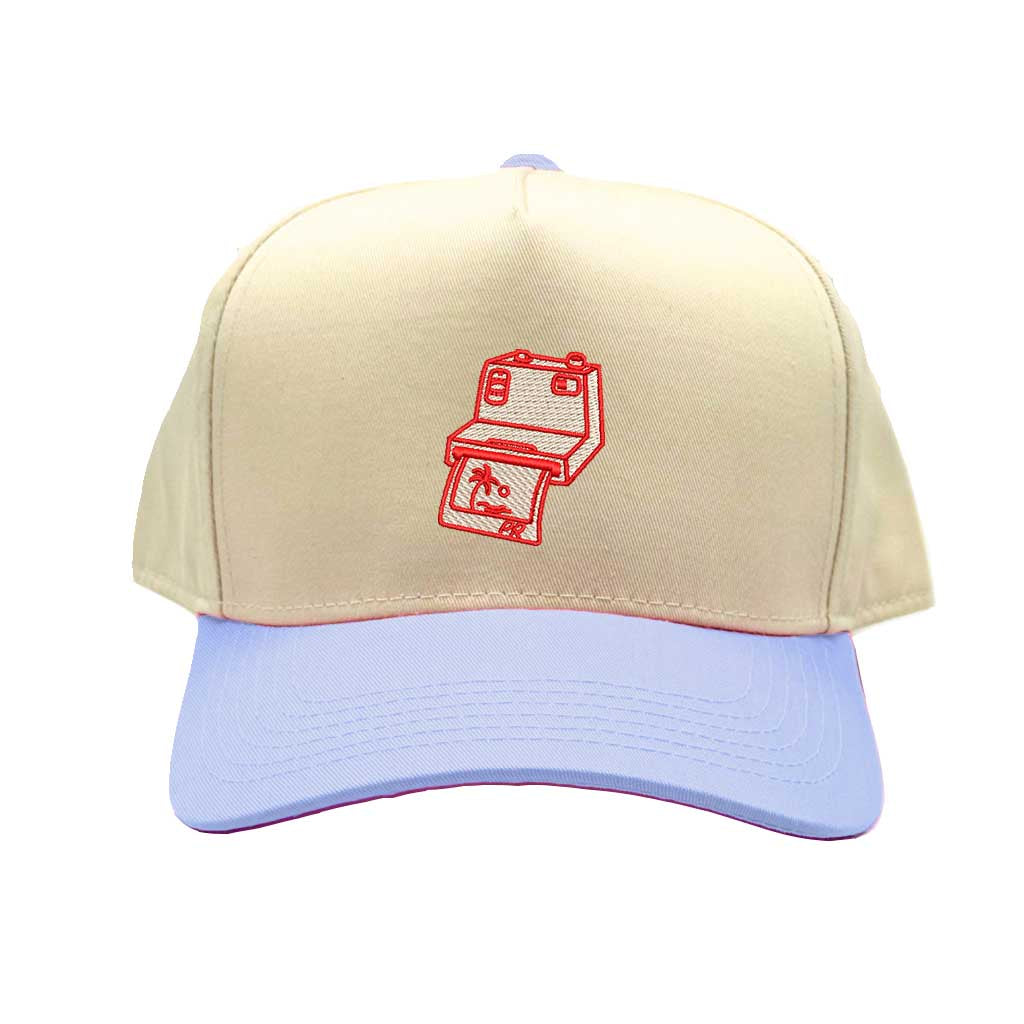 Natural Sky Blue DTMF Camera Puerto Rico 5 Panel Spring Baseball Hat – A sleek, embroidered cap with a retro camera design, inspired by Puerto Rican culture – DSY Lifestyle