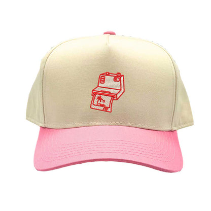 Natural Pink DTMF Camera Puerto Rico 5 Panel Spring Baseball Hat – A sleek, embroidered cap with a retro camera design, inspired by Puerto Rican culture – DSY Lifestyle