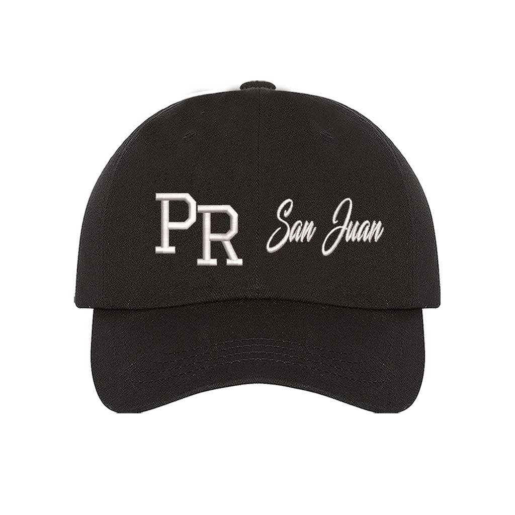 Black PR 3D San Juan Embroidered Baseball Cap – A bold, high-quality hat featuring raised “San Juan” embroidery, perfect for repping Puerto Rico in style – DSY Lifestyle.