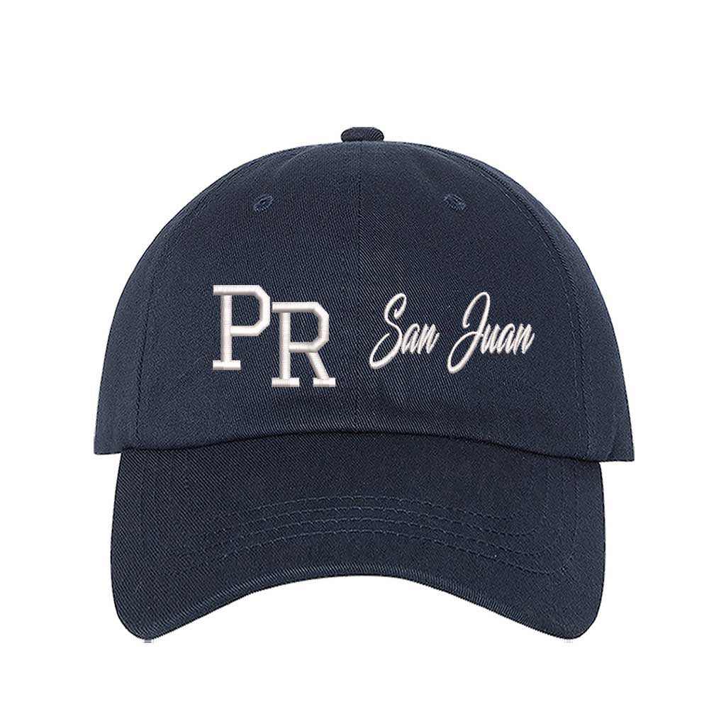 Navy Blue PR 3D San Juan Embroidered Baseball Cap – A bold, high-quality hat featuring raised “San Juan” embroidery, perfect for repping Puerto Rico in style – DSY Lifestyle