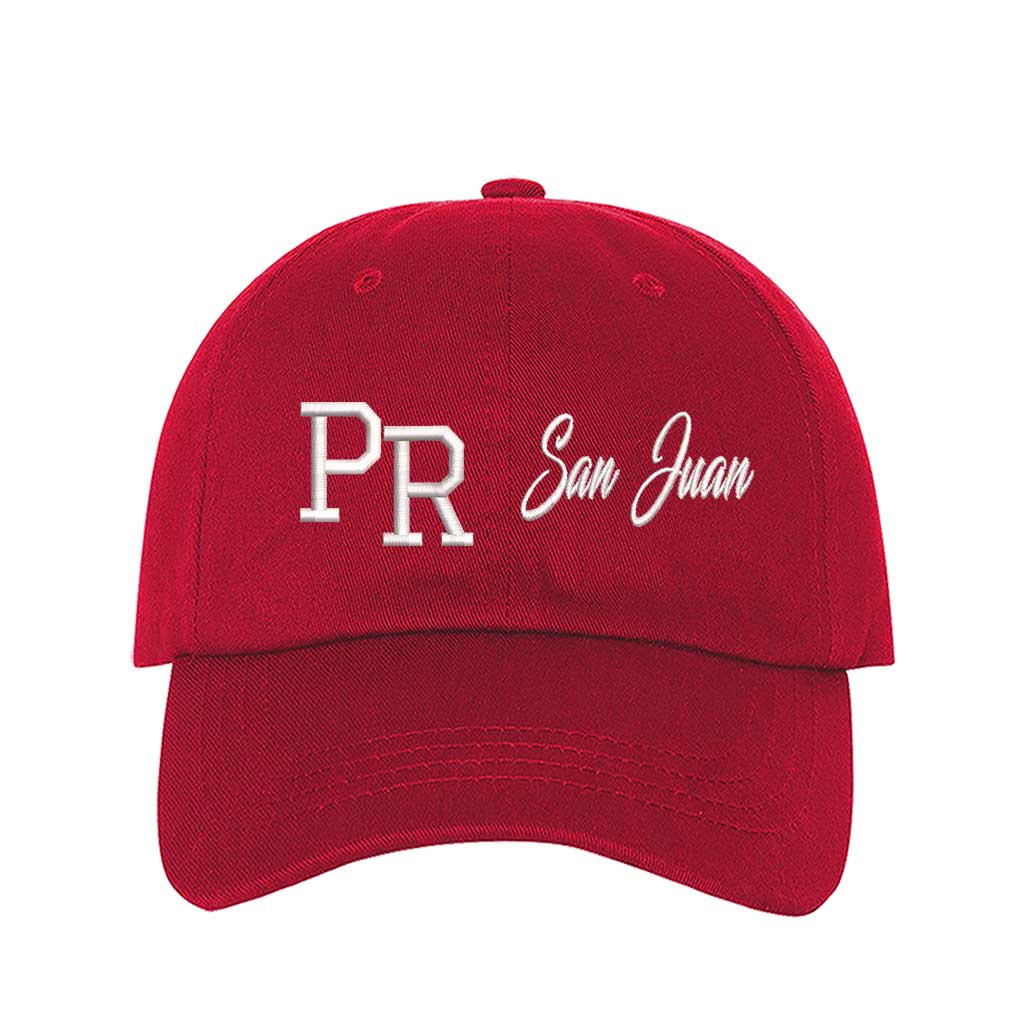 Red PR 3D San Juan Embroidered Baseball Cap – A bold, high-quality hat featuring raised “San Juan” embroidery, perfect for repping Puerto Rico in style – DSY Lifestyle.