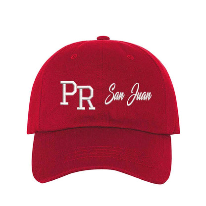 Red PR 3D San Juan Embroidered Baseball Cap – A bold, high-quality hat featuring raised “San Juan” embroidery, perfect for repping Puerto Rico in style – DSY Lifestyle.