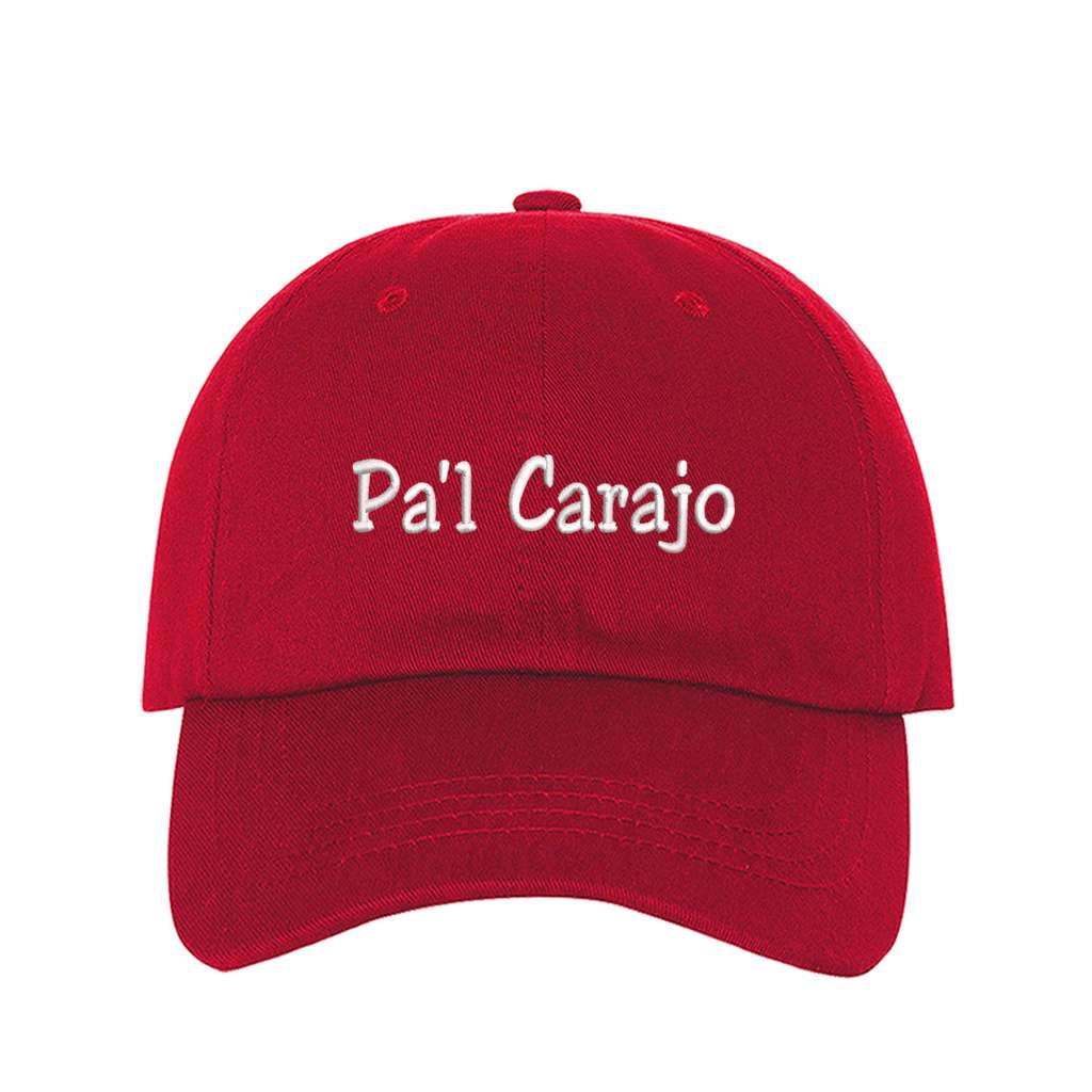 Red baseball hat embroidered with the phrase pa&