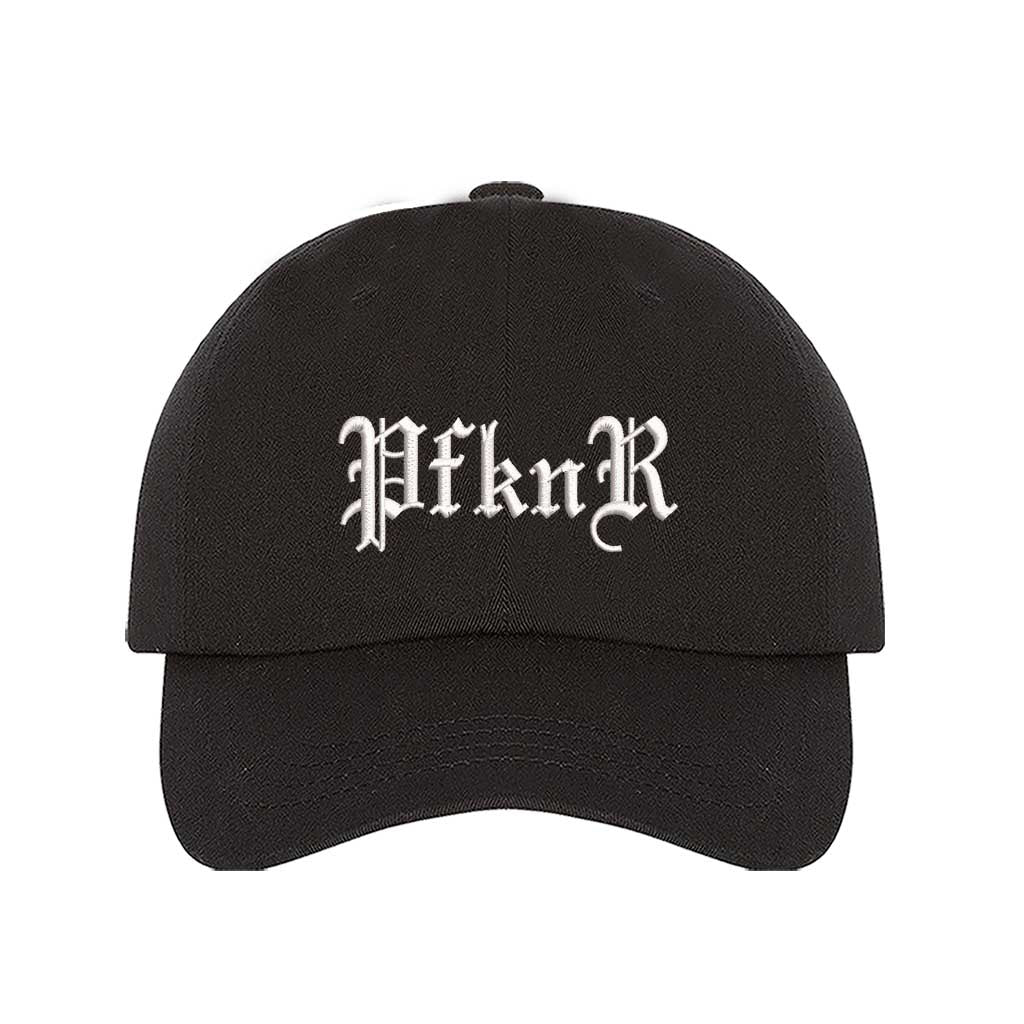 Black embroidered baseball hat featuring &quot;PFKNR&quot; in bold lettering, designed for a confident and stylish streetwear look - DSY Lifestyle