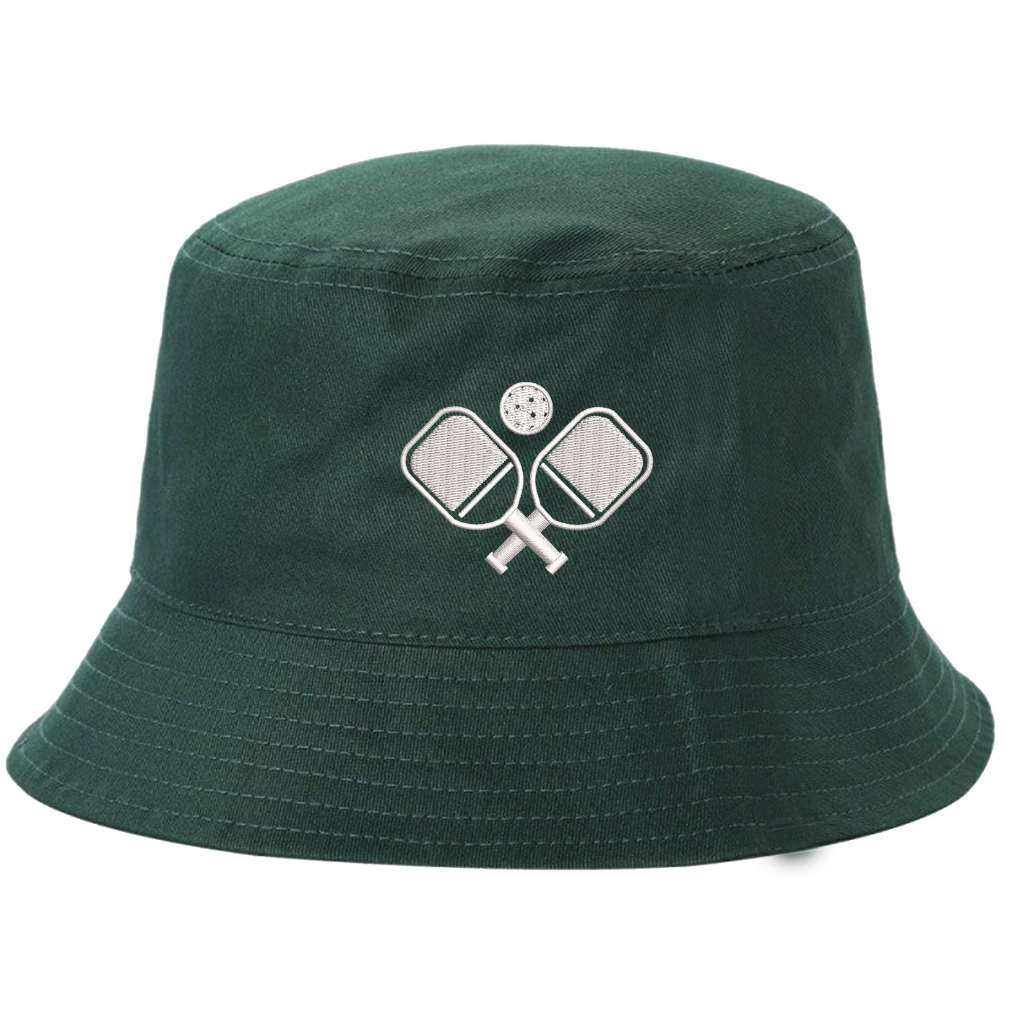 Forest Green bucket hat with pickle ball rackets and a pickle ball embroidered on it-DSY Lifestyle