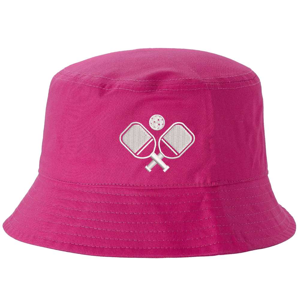Hot pink bucket hat with pickle ball rackets and a pickle ball embroidered on it-DSY Lifestyle