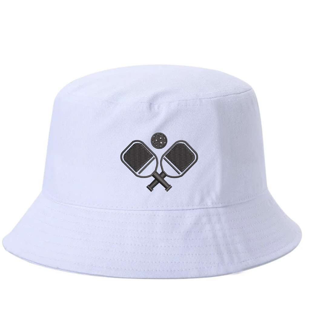White bucket hat with pickle ball rackets and a pickle ball embroidered on it-DSY Lifestyle