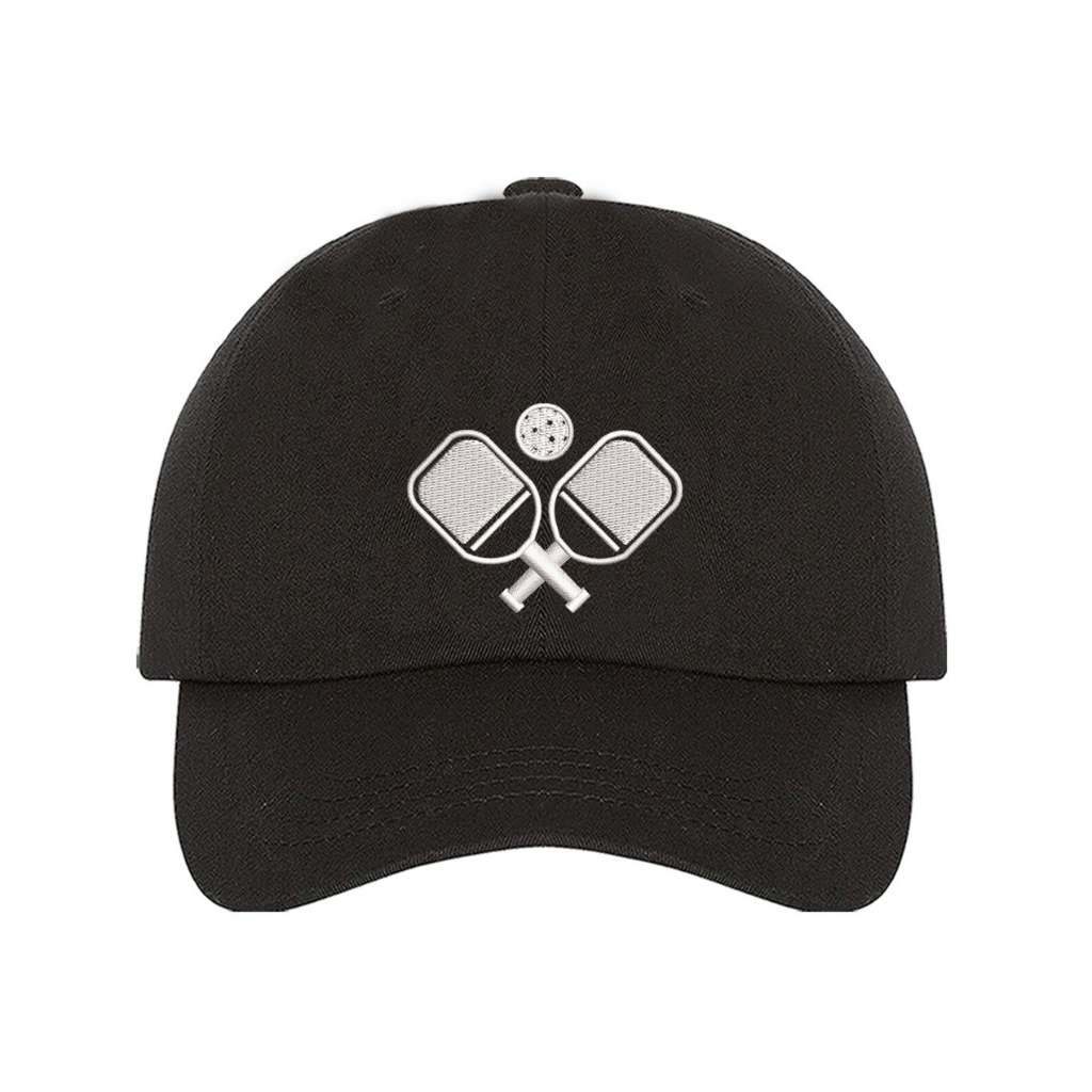black baseball cap embroidered with a pickleball rackets - DSY Lifestyle