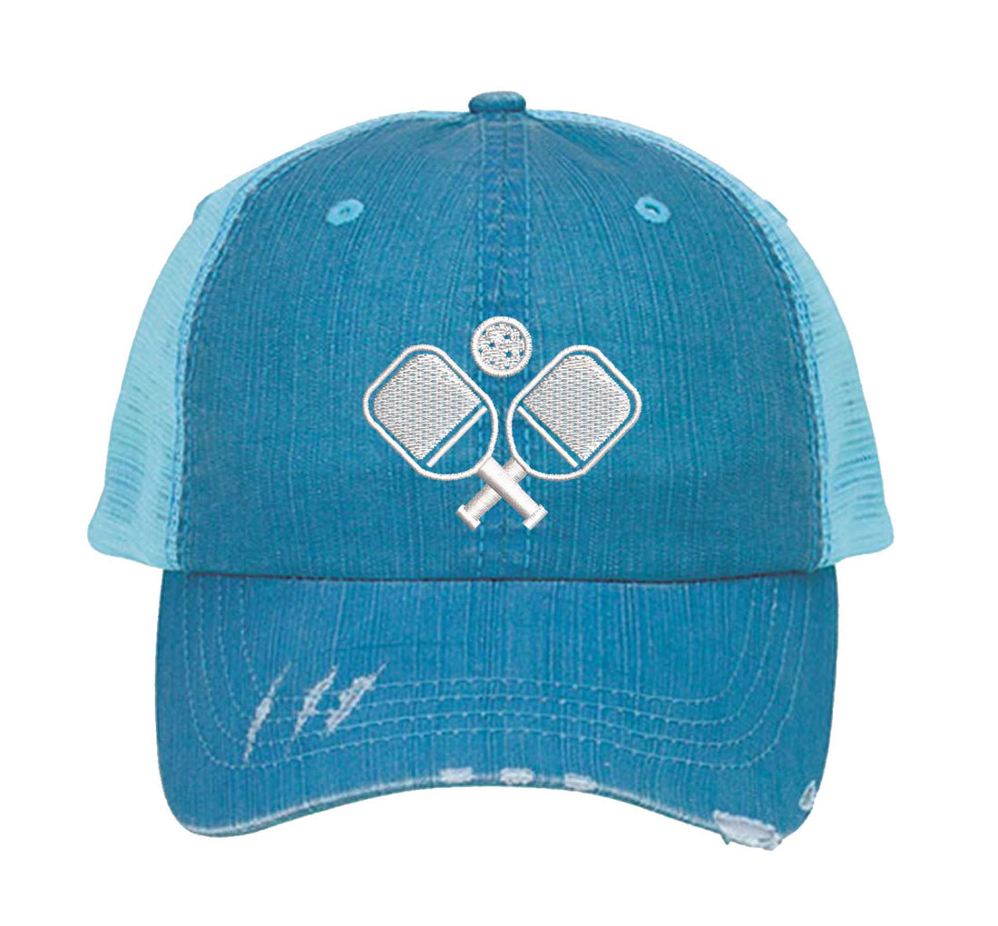 Aqua Pickle Ball Distressed Trucker Hat. This premium vintage-style cap is the perfect gift for the unapologetically bold, featuring a breathable mesh back and custom embroidery. - DSY Lifestyle