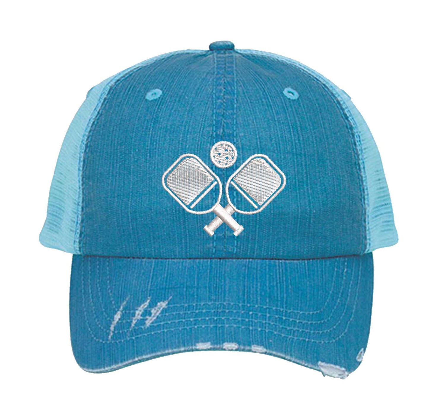 Aqua Pickle Ball Distressed Trucker Hat. This premium vintage-style cap is the perfect gift for the unapologetically bold, featuring a breathable mesh back and custom embroidery. - DSY Lifestyle
