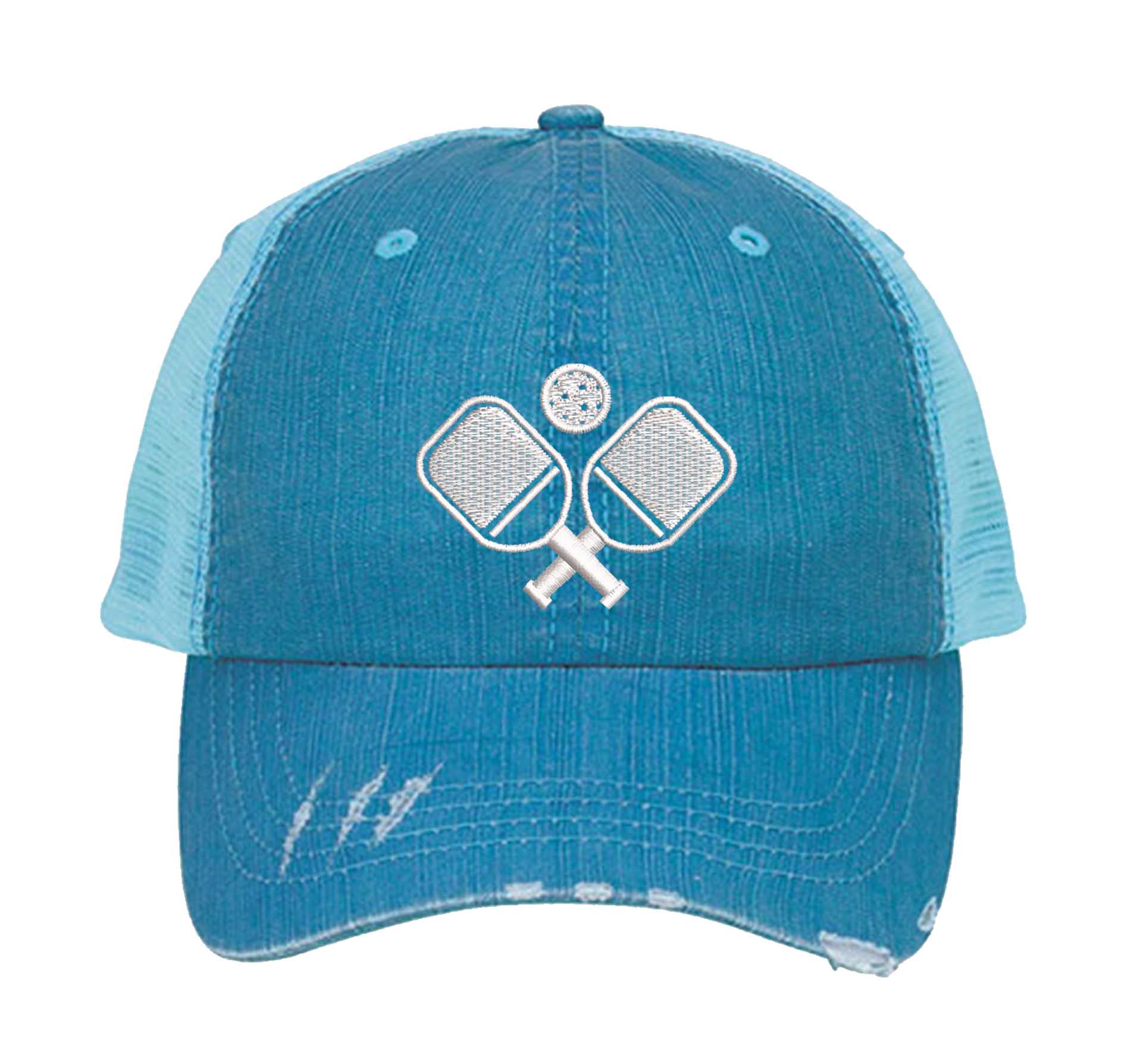 Aqua Pickle Ball Distressed Trucker Hat. This premium vintage-style cap is the perfect gift for the unapologetically bold, featuring a breathable mesh back and custom embroidery. - DSY Lifestyle