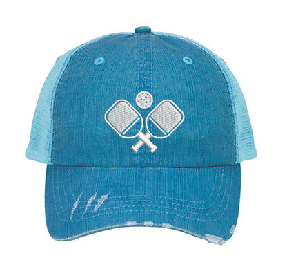 Aqua Pickle Ball Distressed Trucker Hat. This premium vintage-style cap is the perfect gift for the unapologetically bold, featuring a breathable mesh back and custom embroidery. - DSY Lifestyle