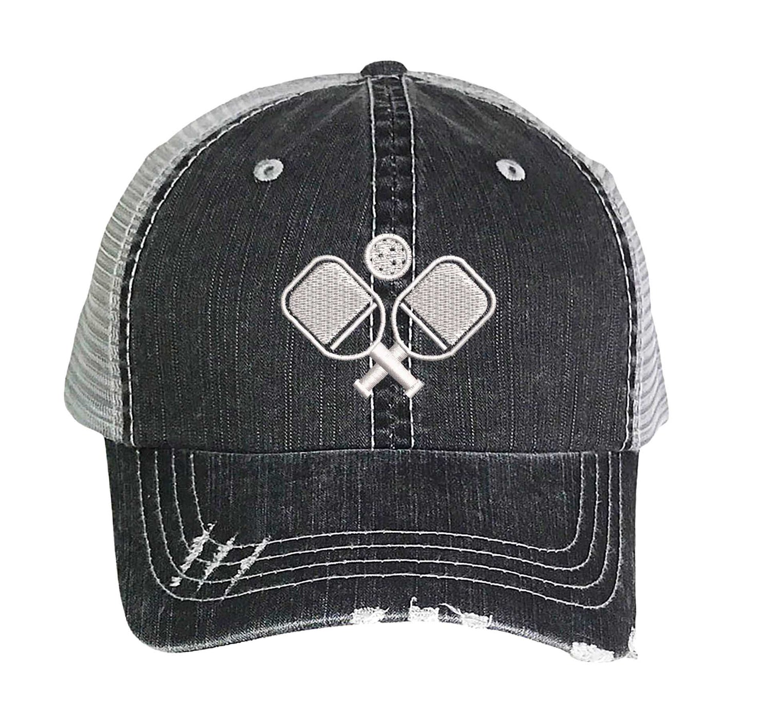 Black Pickle Ball Distressed Trucker Hat. This premium vintage-style cap is the perfect gift for the unapologetically bold, featuring a breathable mesh back and custom embroidery. - DSY Lifestyle