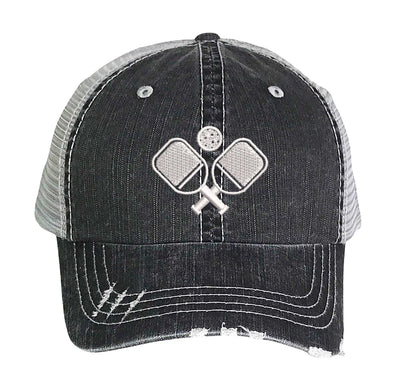 Black Pickle Ball Distressed Trucker Hat. This premium vintage-style cap is the perfect gift for the unapologetically bold, featuring a breathable mesh back and custom embroidery. - DSY Lifestyle
