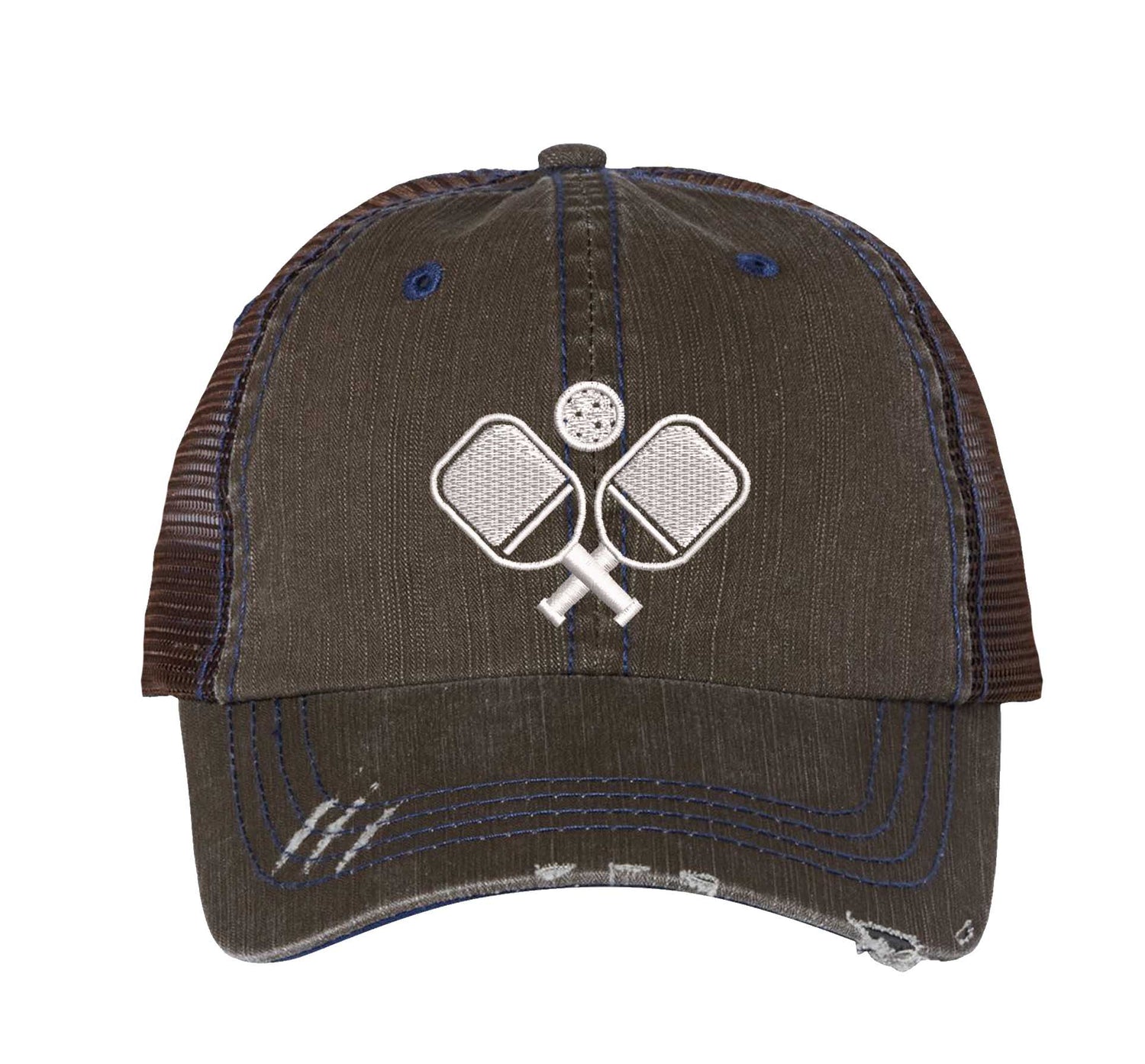 Brown Pickle Ball Distressed Trucker Hat. This premium vintage-style cap is the perfect gift for the unapologetically bold, featuring a breathable mesh back and custom embroidery. - DSY Lifestyle