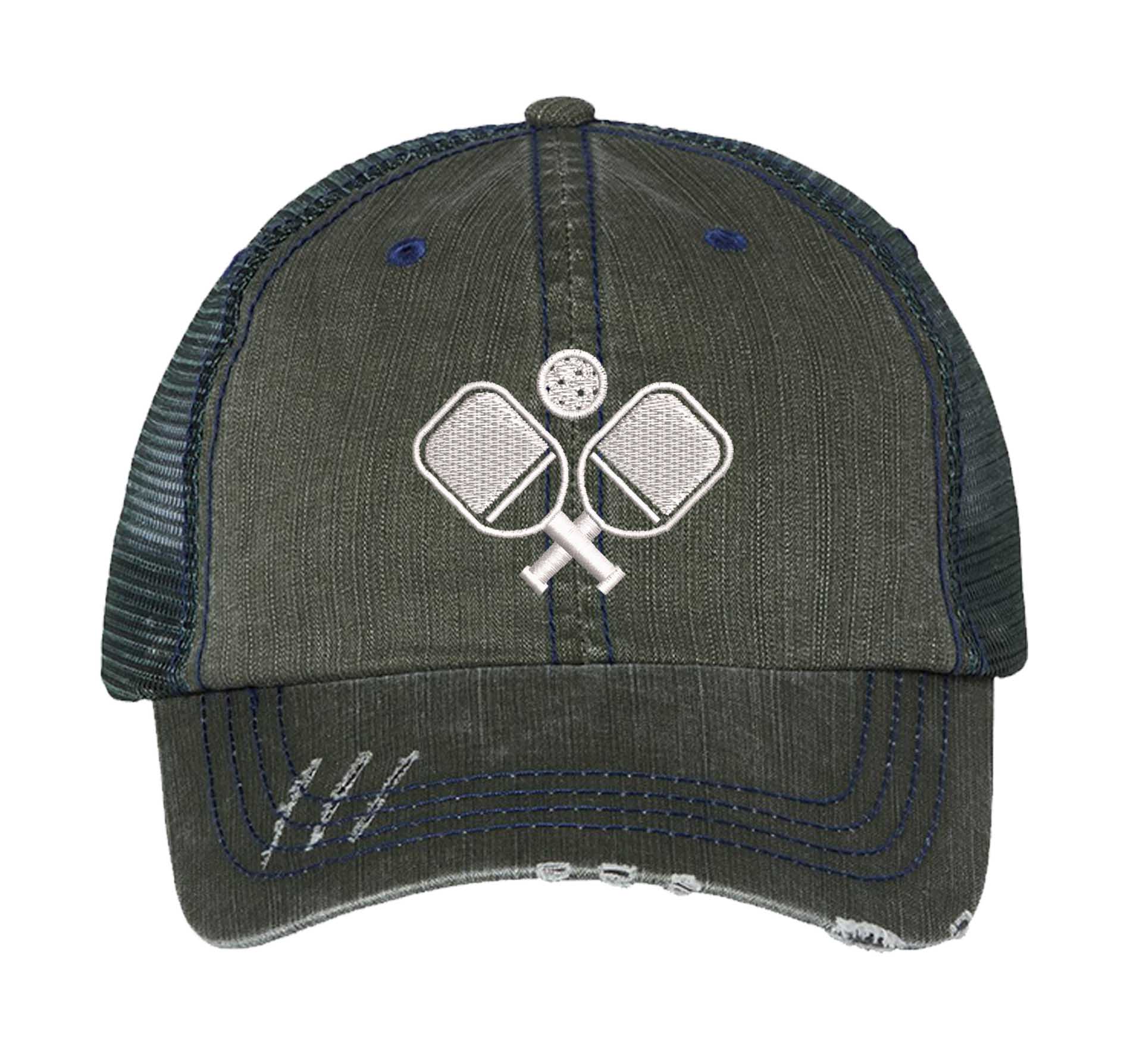 Dark Green Pickle Ball Distressed Trucker Hat. This premium vintage-style cap is the perfect gift for the unapologetically bold, featuring a breathable mesh back and custom embroidery. - DSY Lifestyle