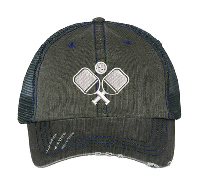 Dark Green Pickle Ball Distressed Trucker Hat. This premium vintage-style cap is the perfect gift for the unapologetically bold, featuring a breathable mesh back and custom embroidery. - DSY Lifestyle