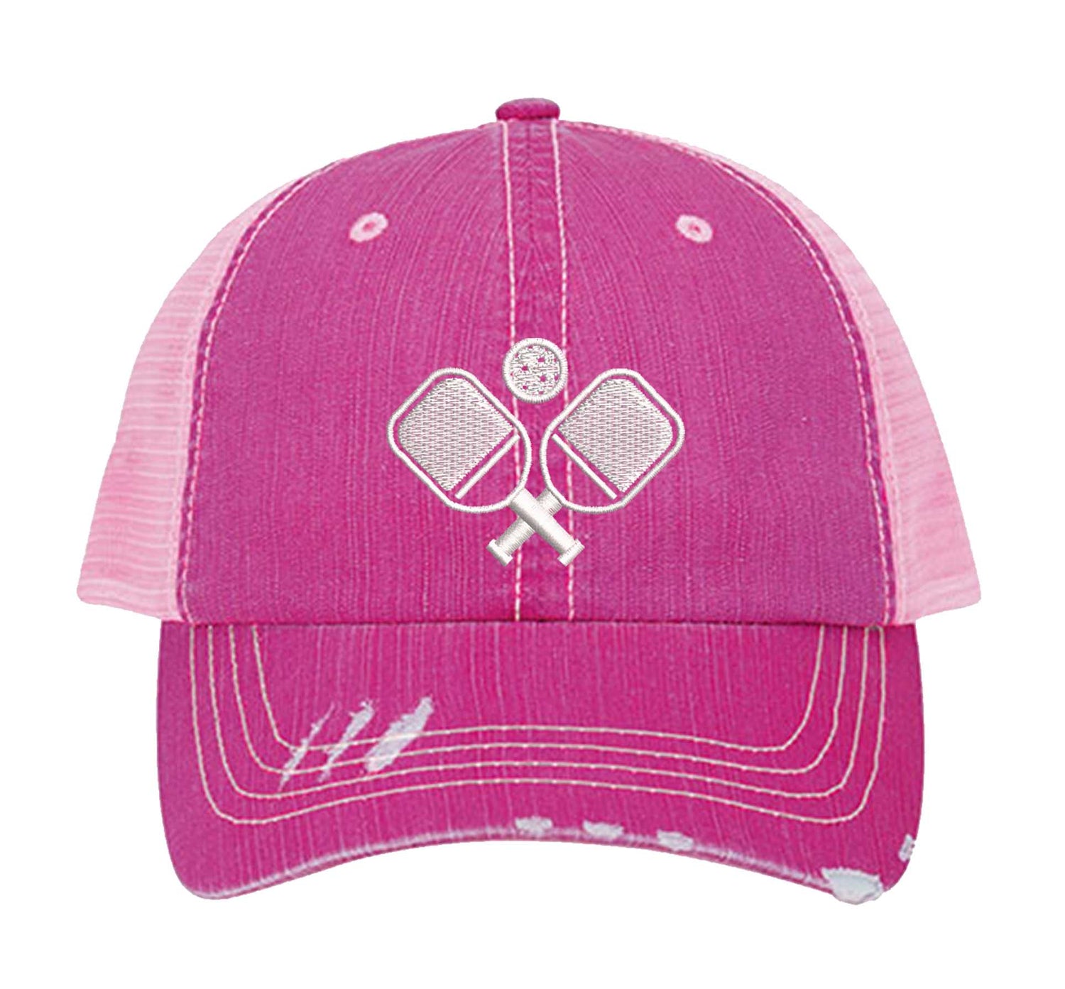 HOT Pink Pickle Ball Distressed Trucker Hat. This premium vintage-style cap is the perfect gift for the unapologetically bold, featuring a breathable mesh back and custom embroidery. - DSY Lifestyle