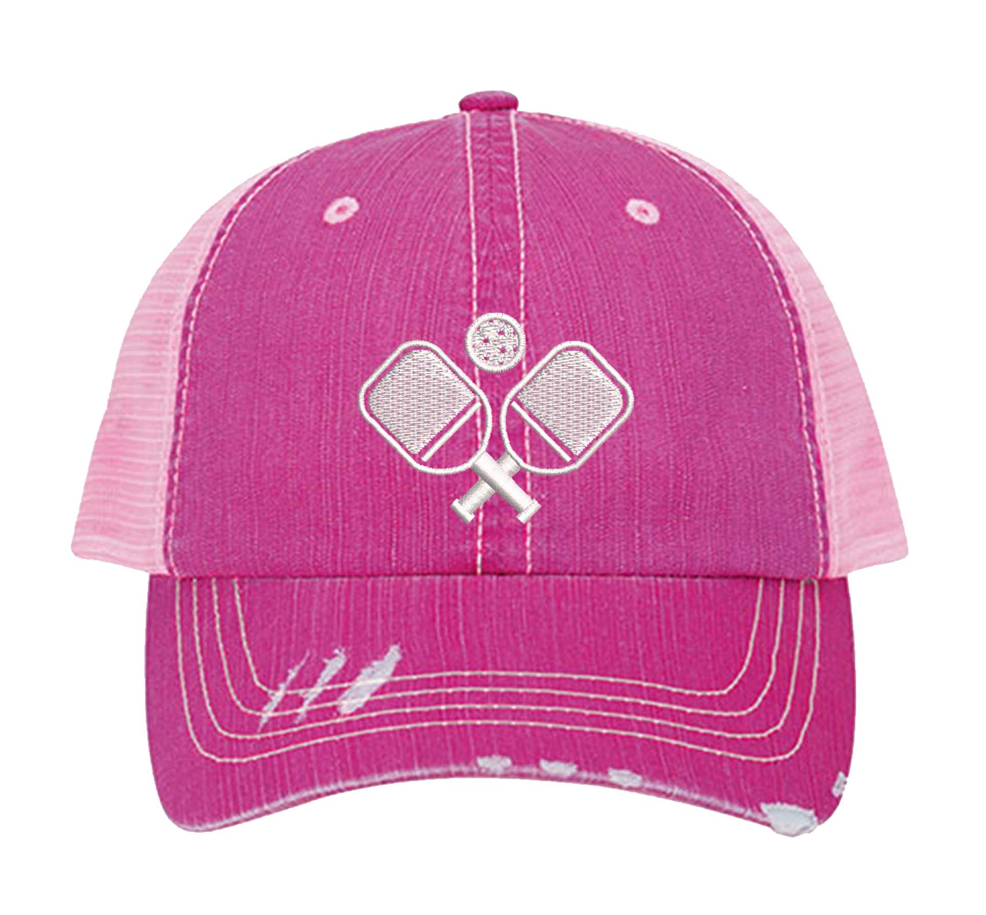 HOT Pink Pickle Ball Distressed Trucker Hat. This premium vintage-style cap is the perfect gift for the unapologetically bold, featuring a breathable mesh back and custom embroidery. - DSY Lifestyle