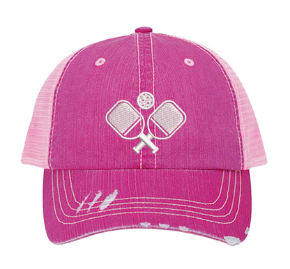 HOT Pink Pickle Ball Distressed Trucker Hat. This premium vintage-style cap is the perfect gift for the unapologetically bold, featuring a breathable mesh back and custom embroidery. - DSY Lifestyle