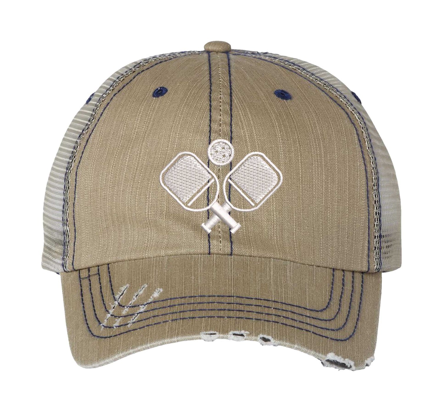 Khaki Pickle Ball Distressed Trucker Hat. This premium vintage-style cap is the perfect gift for the unapologetically bold, featuring a breathable mesh back and custom embroidery. - DSY Lifestyle