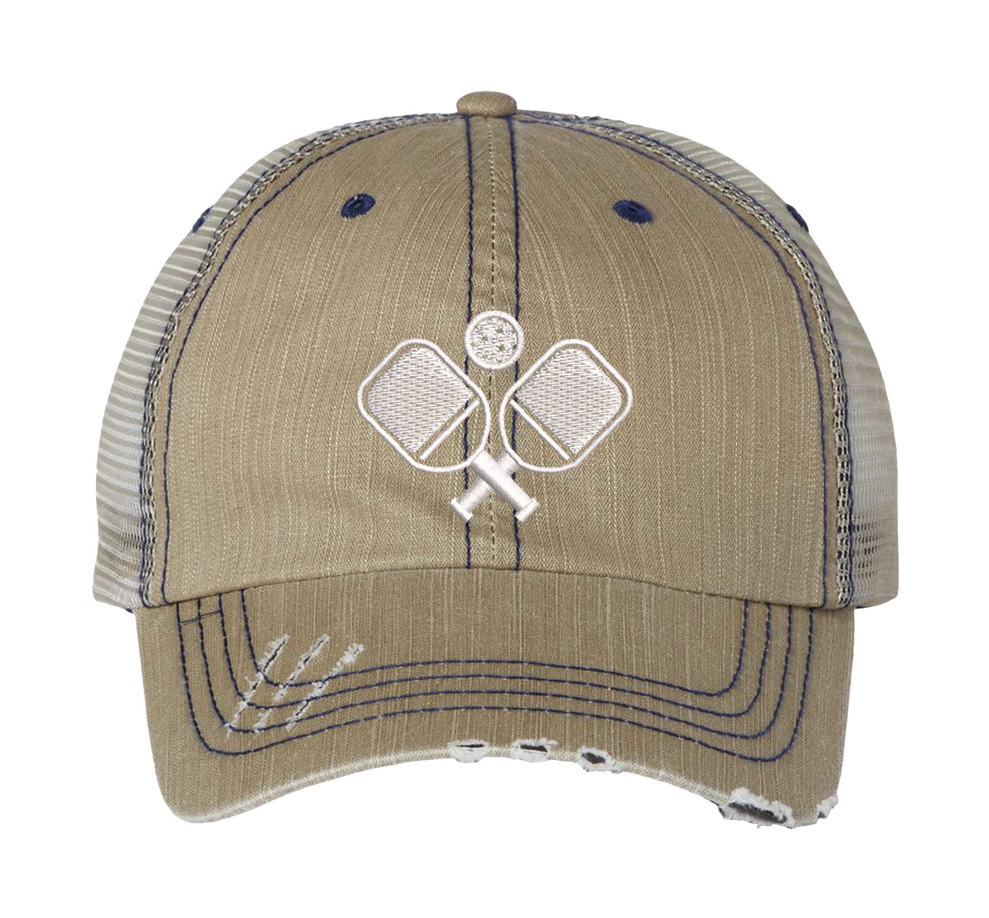 Khaki Pickle Ball Distressed Trucker Hat. This premium vintage-style cap is the perfect gift for the unapologetically bold, featuring a breathable mesh back and custom embroidery. - DSY Lifestyle