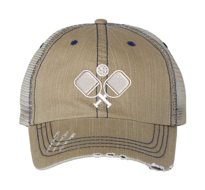 Khaki Pickle Ball Distressed Trucker Hat. This premium vintage-style cap is the perfect gift for the unapologetically bold, featuring a breathable mesh back and custom embroidery. - DSY Lifestyle