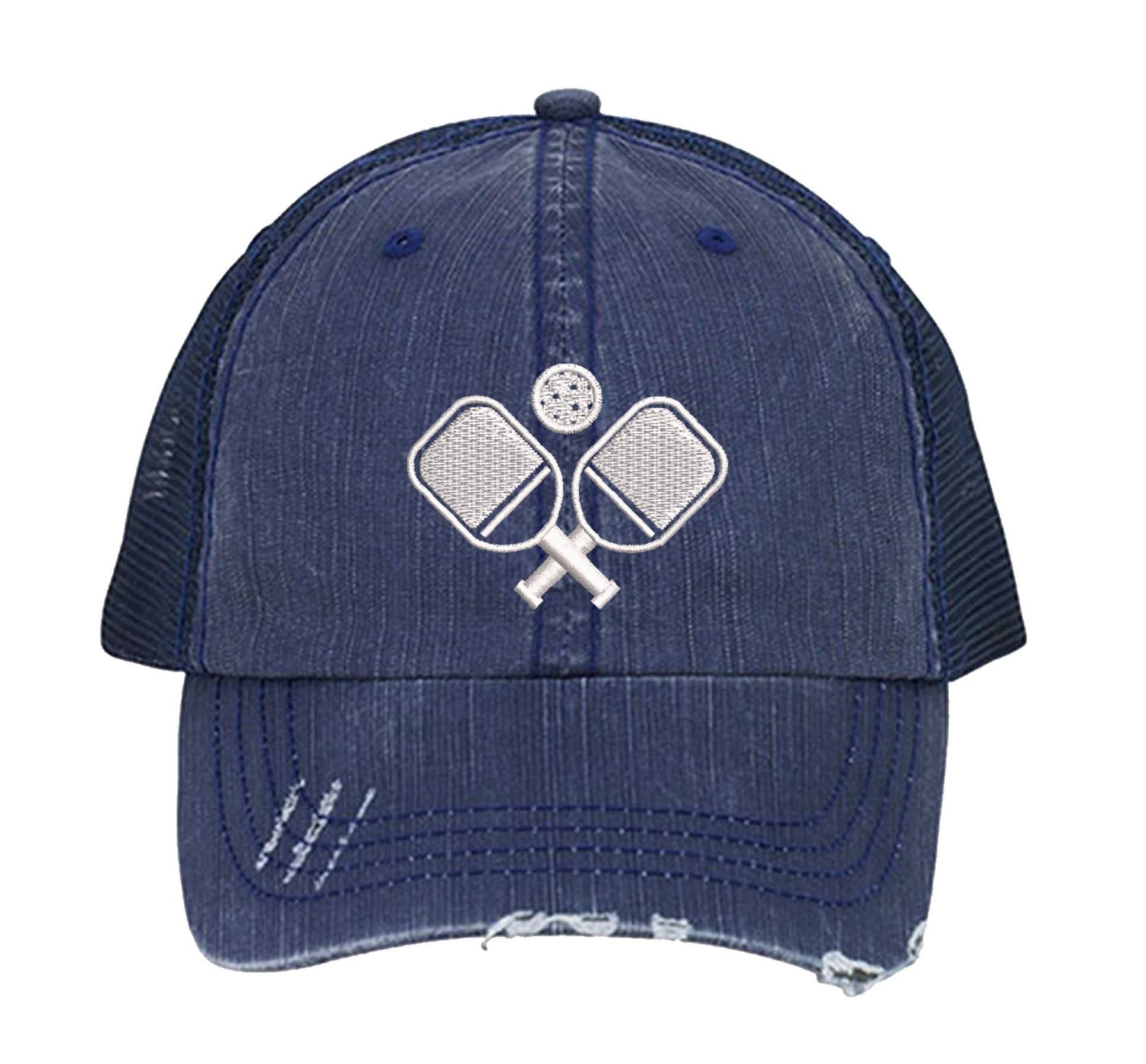 Navy Blue Pickle Ball Distressed Trucker Hat. This premium vintage-style cap is the perfect gift for the unapologetically bold, featuring a breathable mesh back and custom embroidery. - DSY Lifestyle