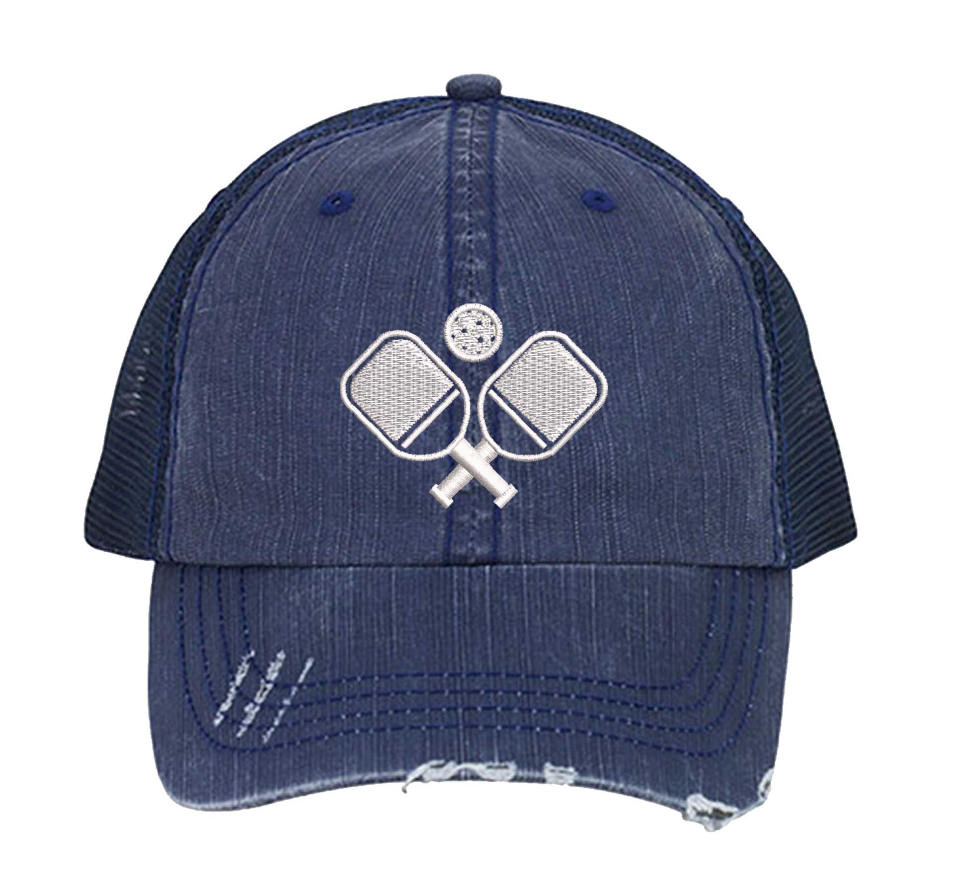 Navy Blue Pickle Ball Distressed Trucker Hat. This premium vintage-style cap is the perfect gift for the unapologetically bold, featuring a breathable mesh back and custom embroidery. - DSY Lifestyle