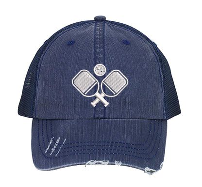 Navy Blue Pickle Ball Distressed Trucker Hat. This premium vintage-style cap is the perfect gift for the unapologetically bold, featuring a breathable mesh back and custom embroidery. - DSY Lifestyle