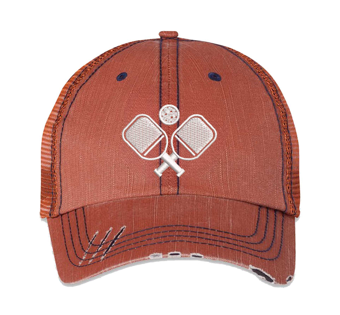 Orange Pickle Ball Distressed Trucker Hat. This premium vintage-style cap is the perfect gift for the unapologetically bold, featuring a breathable mesh back and custom embroidery. - DSY Lifestyle