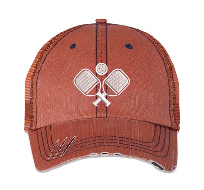 Orange Pickle Ball Distressed Trucker Hat. This premium vintage-style cap is the perfect gift for the unapologetically bold, featuring a breathable mesh back and custom embroidery. - DSY Lifestyle