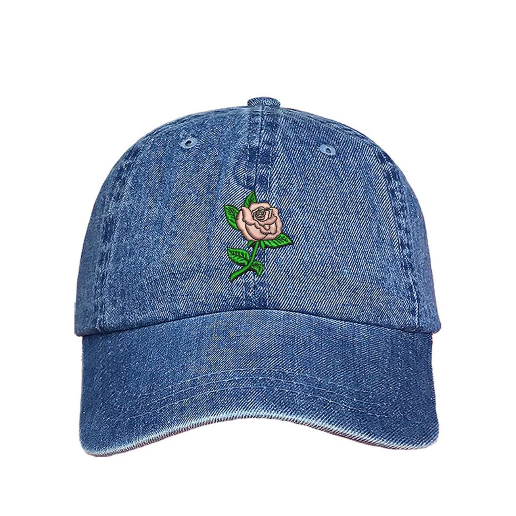 Light Denim baseball cap embroidered with a Pink Rose - DSY Lifestyle