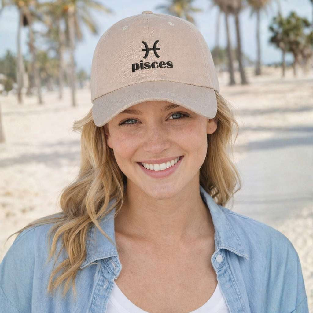 Woman wearing a beige cap with &