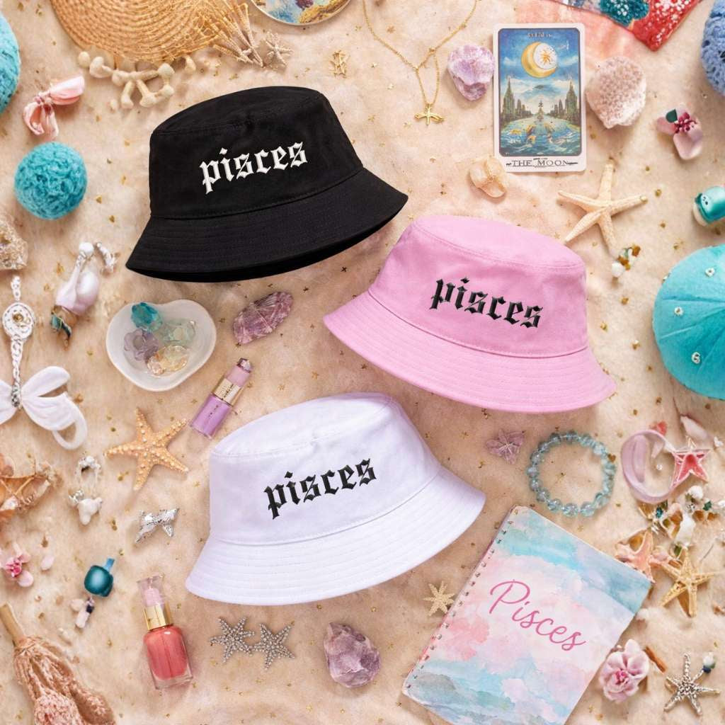 Three bucket hats embroidered with &