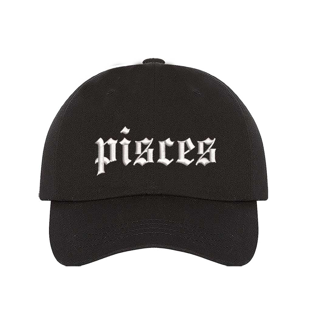 Black Pisces Zodiac Embroidered Baseball Hat featuring sharp white embroidery on a premium cotton crown; a sophisticated astrological statement piece by DSY Lifestyle.