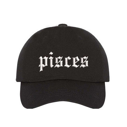 Black Pisces Zodiac Embroidered Baseball Hat featuring sharp white embroidery on a premium cotton crown; a sophisticated astrological statement piece by DSY Lifestyle.
