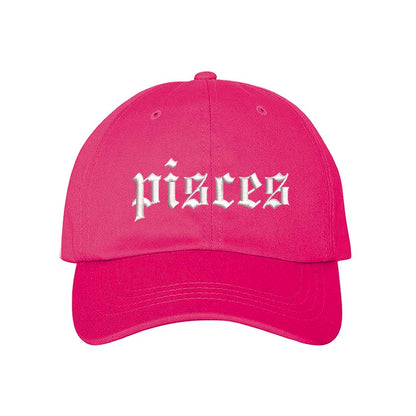 Hot Pink Pisces Zodiac Embroidered Baseball Hat featuring sharp white embroidery on a premium cotton crown; a sophisticated astrological statement piece by DSY Lifestyle.