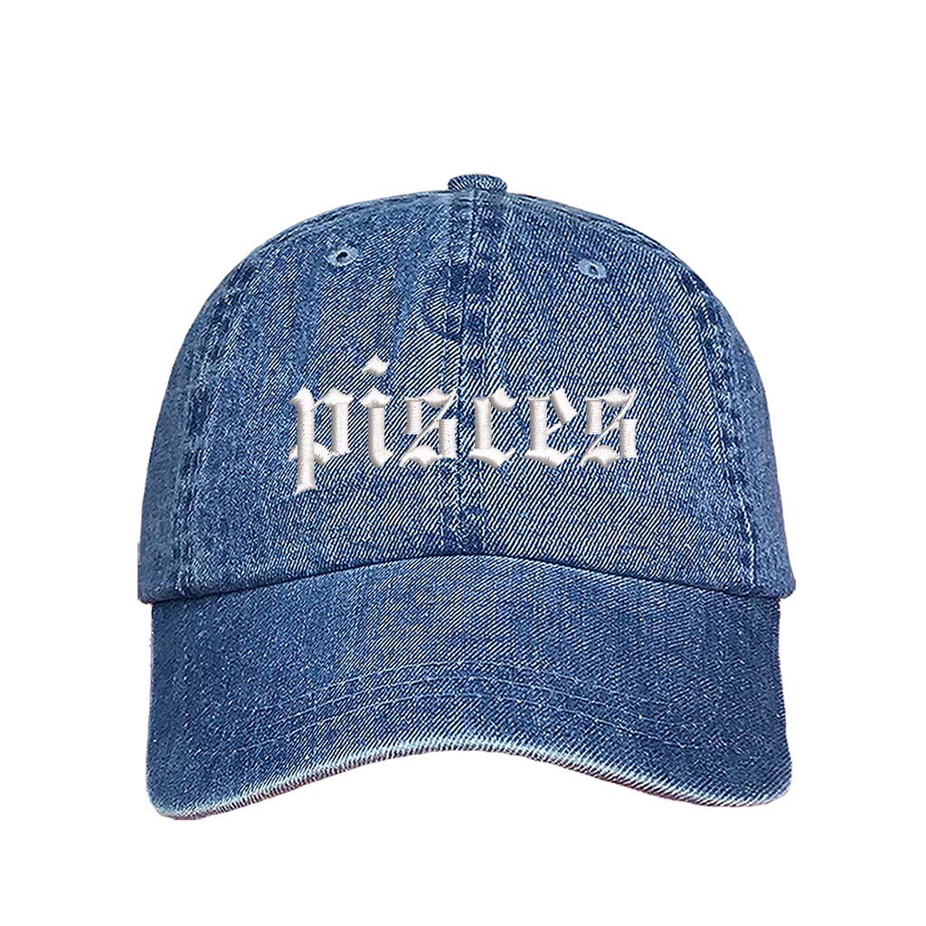 Light Denim Pisces Zodiac Embroidered Baseball Hat featuring sharp white embroidery on a premium cotton crown; a sophisticated astrological statement piece by DSY Lifestyle.