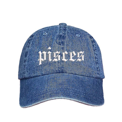 Light Denim Pisces Zodiac Embroidered Baseball Hat featuring sharp white embroidery on a premium cotton crown; a sophisticated astrological statement piece by DSY Lifestyle.