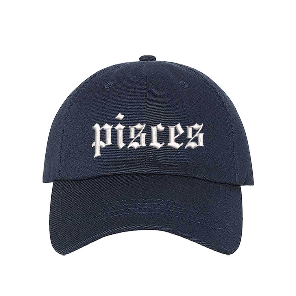 Navy Blue Pisces Zodiac Embroidered Baseball Hat featuring sharp white embroidery on a premium cotton crown; a sophisticated astrological statement piece by DSY Lifestyle.
