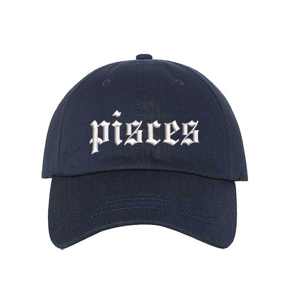Navy Blue Pisces Zodiac Embroidered Baseball Hat featuring sharp white embroidery on a premium cotton crown; a sophisticated astrological statement piece by DSY Lifestyle.